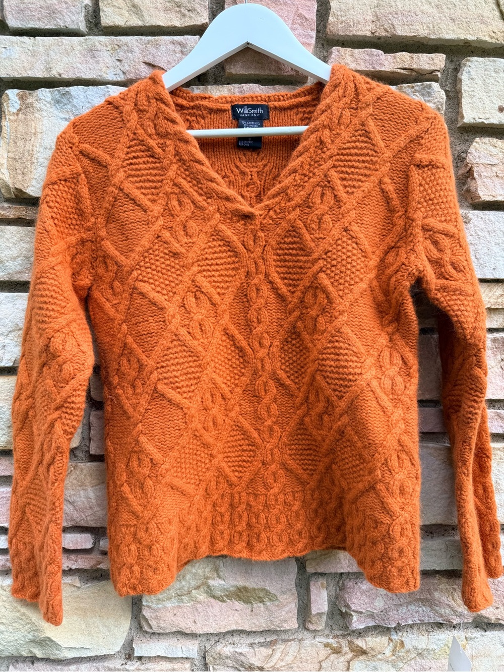 Willi Smith Rust DS Cable Knit V-Neck Women's Sweater Lambswool & Angora Sz.S